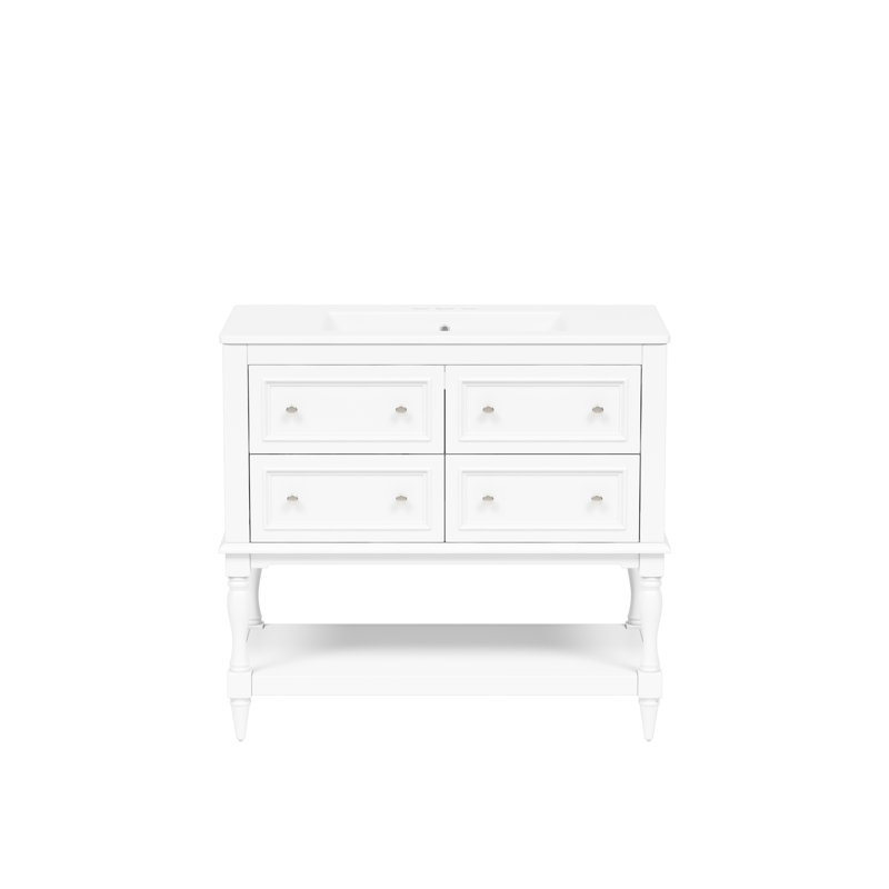 Meuble-lavabo de salle de bain 36 po - Blanc, structure en bois massif, 4 tiroirs, lavabo encastré en céramique, rangement fonctionnel avec lavabo 36 po, tablette spacieuse