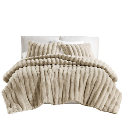 3 Pcs King Faux Fur Comforter In Taupe, Smooth For Coziness, Fill Breathability, Machine Washable