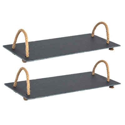Argon Tableware - Slate Serving Tray with Rope Handles - 40cm x 20cm - Set of 2