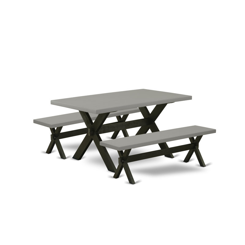 3 Piece Modern Dining Table Set Contains a Rectangle Wooden Table with X-Legs and 2 Dining Room Bench, Wire Brushed Black base Finish