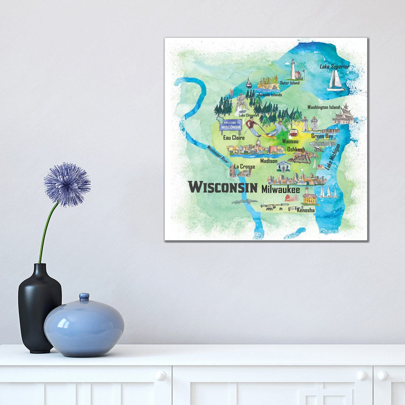 Wisconsin Illustrated Travel Poster by Markus & Martina Bleichner - Wrapped Canvas Gallery-Wrapped Canvas Giclée