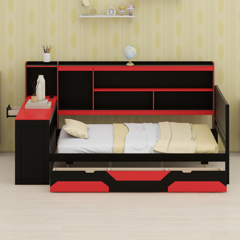 Space-Saving Gaming Daybed Featuring Desk, Lights, and Charging Station, Black+Red