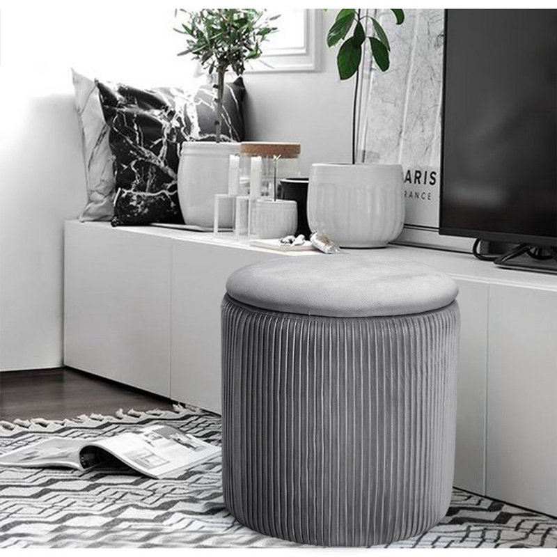 37.5cm Wide Velvet Round No Pattern Standard Ottoman, Light Grey