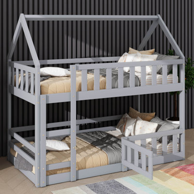 Twin-Over-Twin Bunk Bed In House Design, Complete With Fence And Door