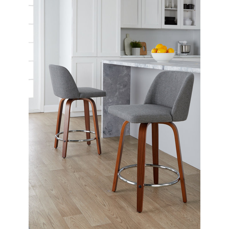 Toriano Swivel Upholstered Counter Stool, Gray Polyester Blend, Walnut/Black, Bar Stool (29.5" Seat Height)