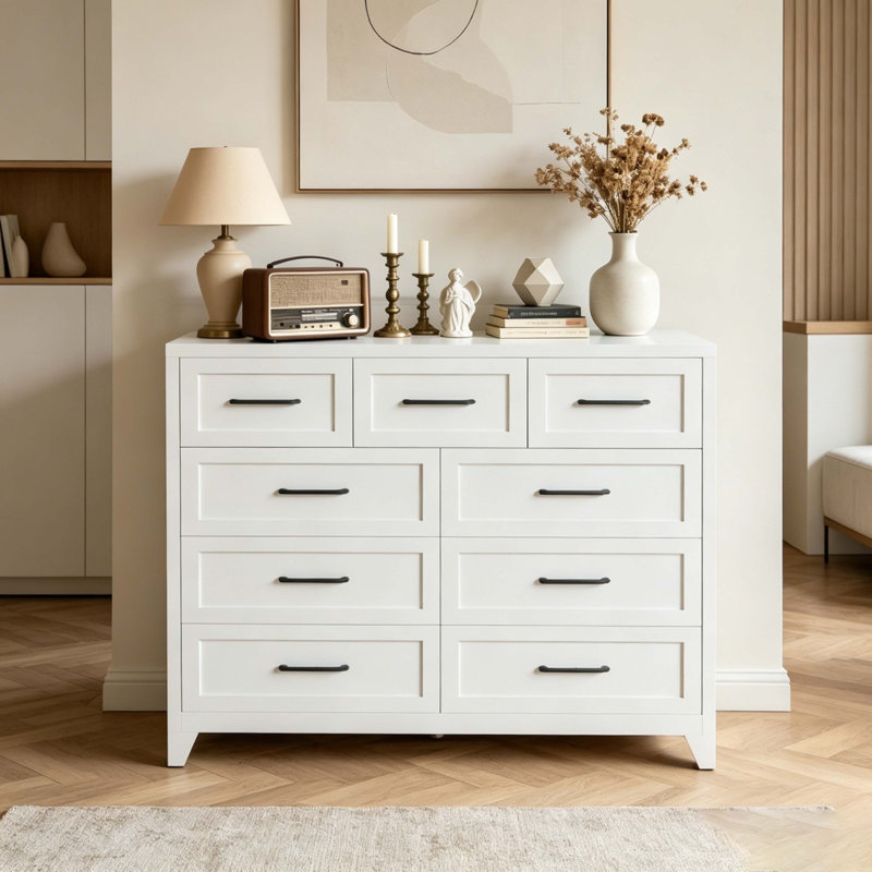 Commode blanche à 9 tiroirs, grande commode avec tiroirs coulissants pour la chambre à coucher, le salon et le vestibule