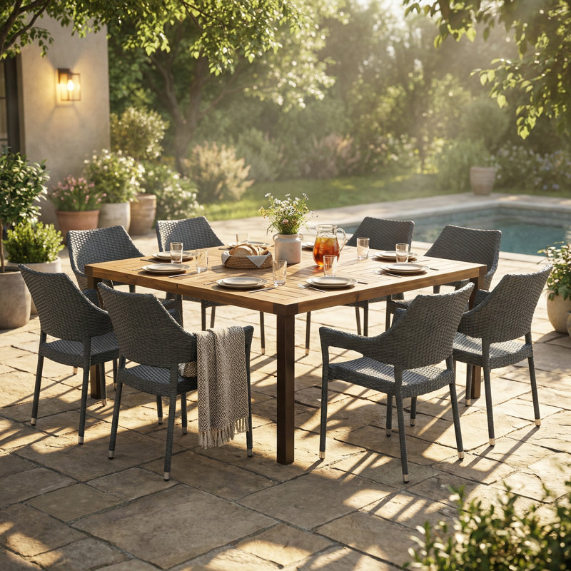 Brin Outdoor 9-Piece Wicker Dining Set With Iron Frame & Solid Wood Tabletop