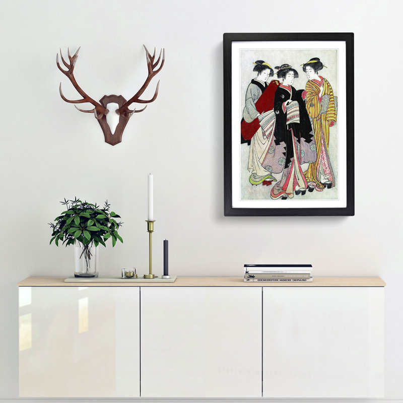 Two Geishas Out Walking by Kitao Shigemasa - Picture Frame Painting Print, 65cm H x 48cm W x 2cm D, Black Framed