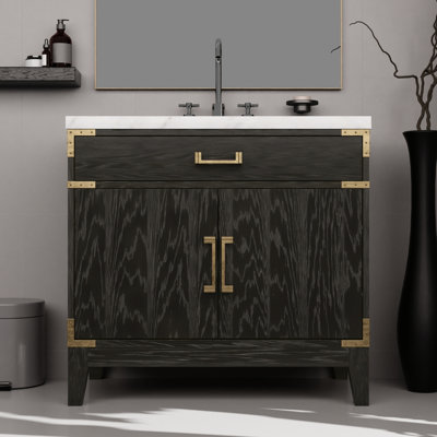 Meuble-lavabo simple en chêne noir l 36 po x P 22 po, comptoir en marbre, bois massif, fermeture en douceur et tablette de rangement ouverte Armoire de salle de bain 22 D avec capacité généreuse