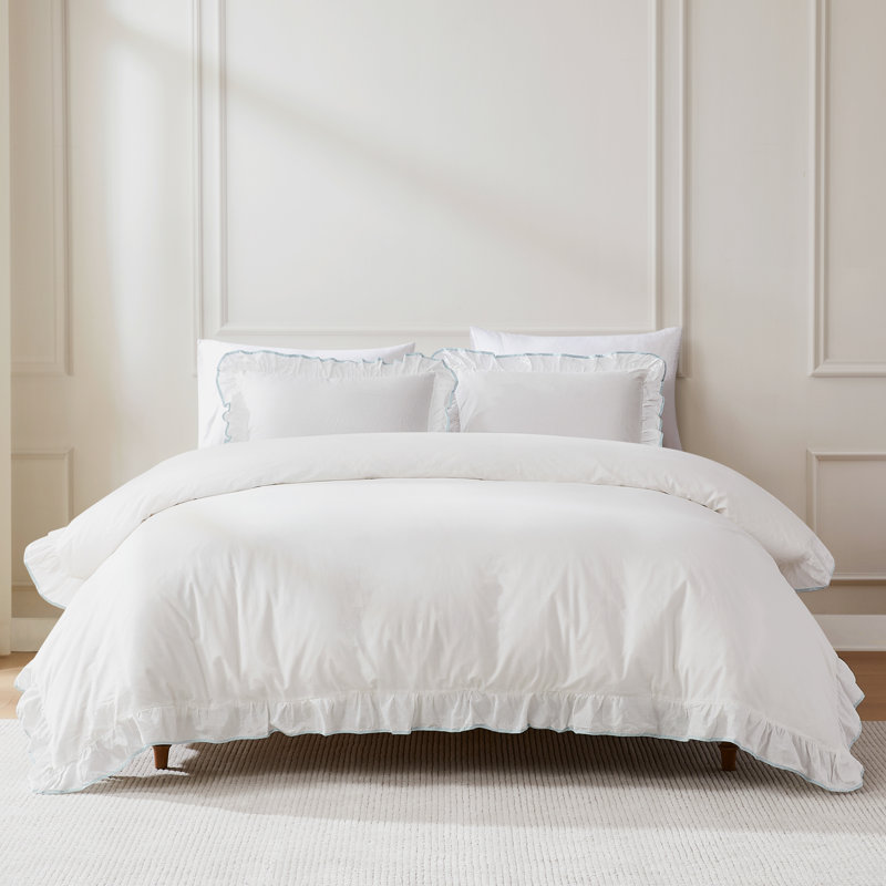 Reyna Contrast Edge Cotton Duvet Cover Set, Queen Duvet Cover + 2 Standard Shams, Blue