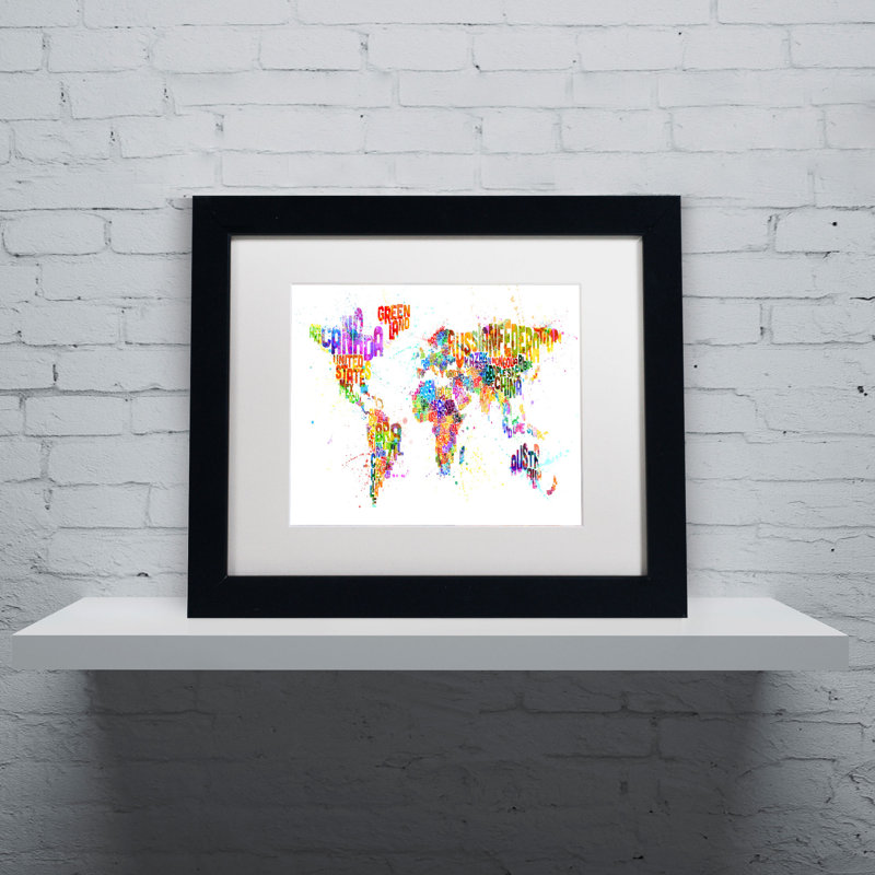« painting splashs map text map of the world » par michael tompsett, impression encadrée, H 11 po x l 14 po, Blanc