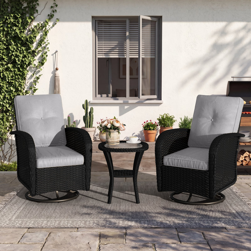 Ensemble de patio à bascule pivotant en osier 3 pièces avec coussins, Light Grey, Black
