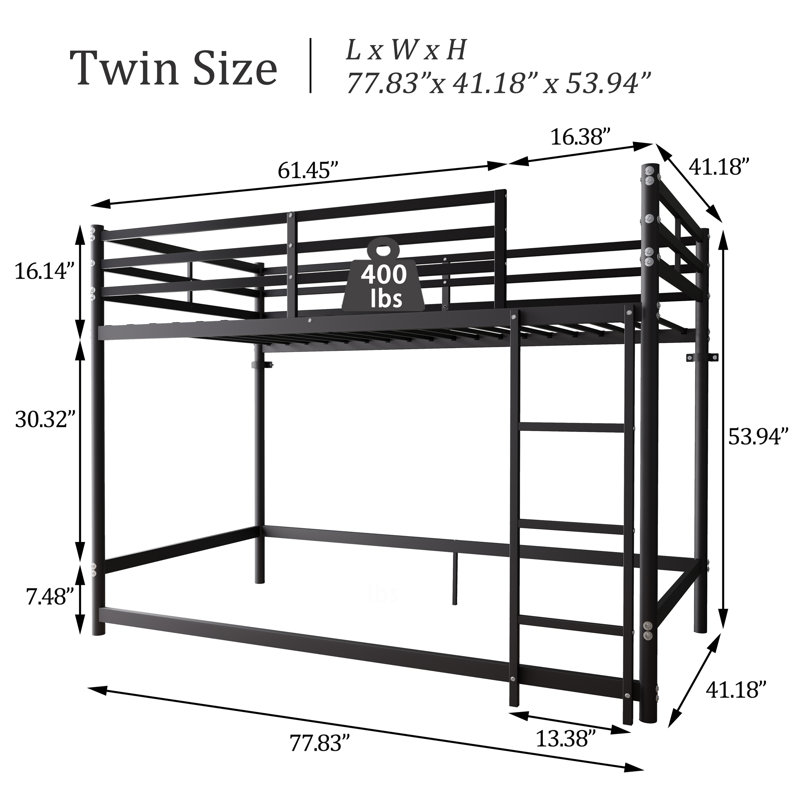 Lit simple mezzanine bas, lit superposé pour enfant simple sur un cadre simple, lit mezzanine bas en métal, lits simples superposés, garde-corps, échelle à 3 marches, économie d'espace pour les enfants et les adolescents, noir