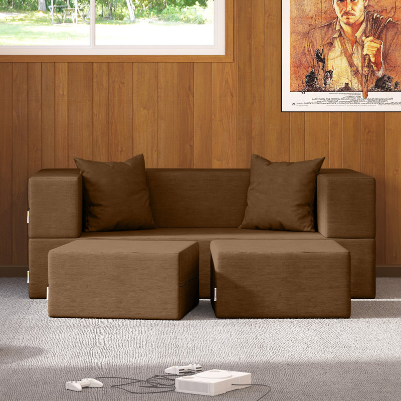 Shontae Zipline Convertible Compression Sleeper Loveseat, Ottomans & Pillows, Textured Microvelvet, Toffee