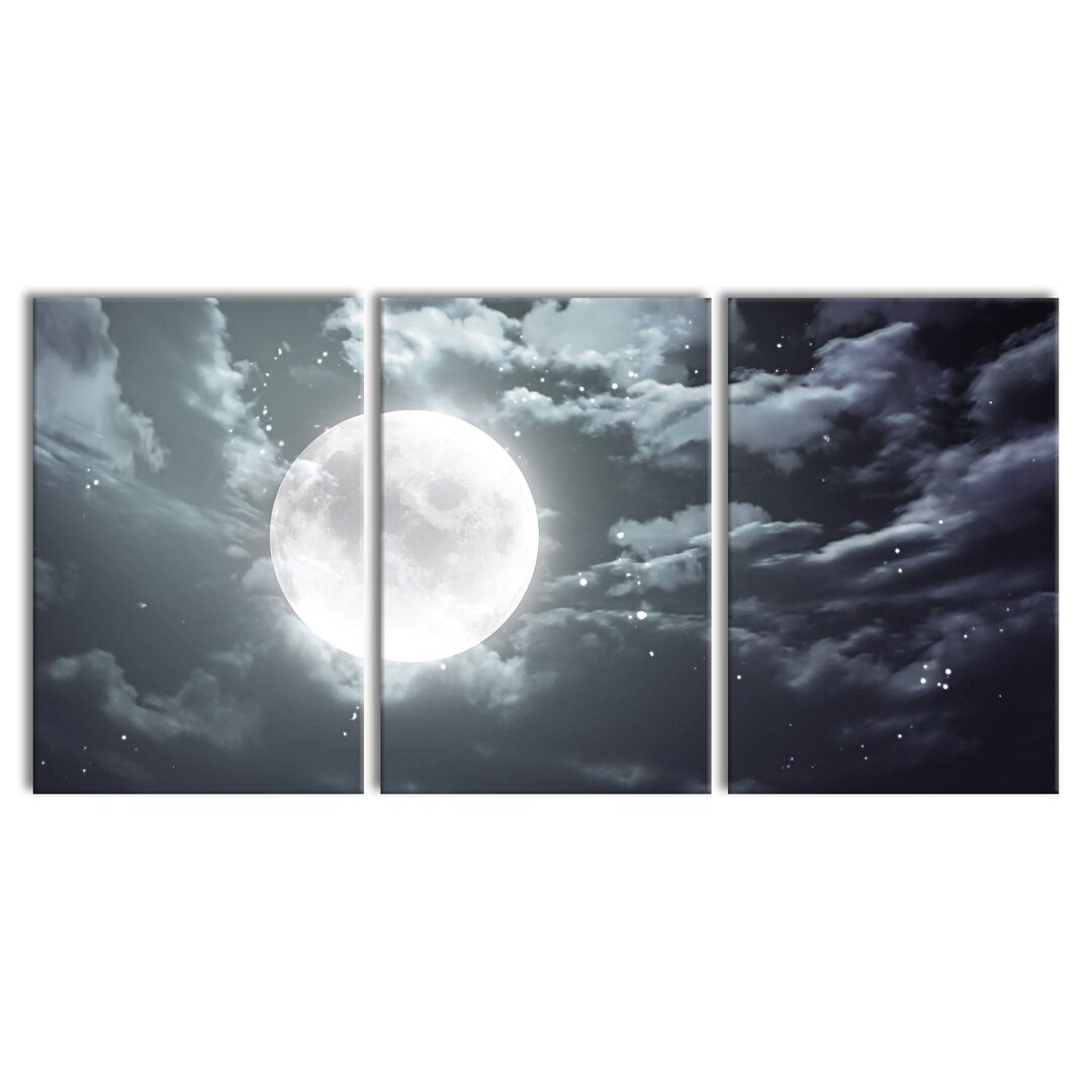 3-tlg. Leinwandbilder-Set Vollmond mit Sternen und Wolken