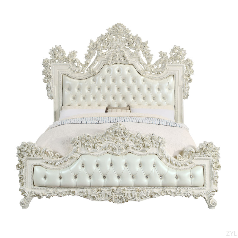 Cuir synthétique blanc et lit EK au fini blanc antique