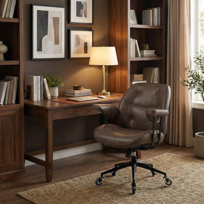 Retro Faux Leather Mid-Century Modern Home Office Desk Chair with Lumbar Support, Swivel Rolling Ergonomic Computer Chair with Rubber Wheels, Adjustable Tilt & 360° Swivel for Work & Relax