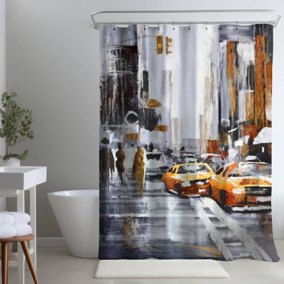 Abstract Citystreet – Yellow Taxis Home – Polyester Shower Curtain, Dye Sublimation Print, 71" W × 74" L