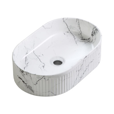 Topcraft 19X12 Inch Black Marble Pattern Oval Vessel Bathroom Ceramic Sink With Faucet