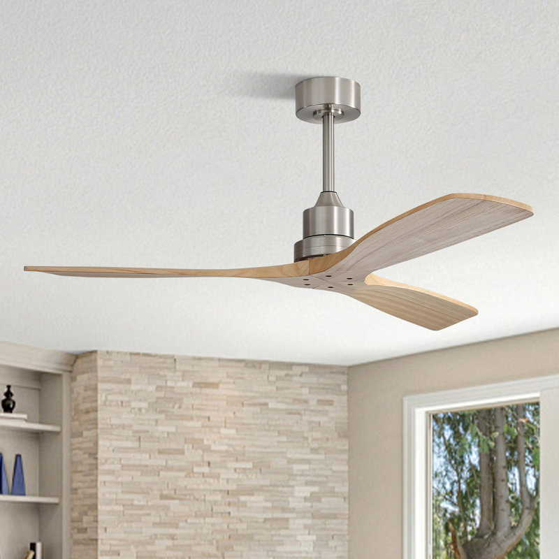 Ventilateur de plafond en bois massif intelligent à 3 pales de 52 po Kemp sans lumière, nickel sable et beige