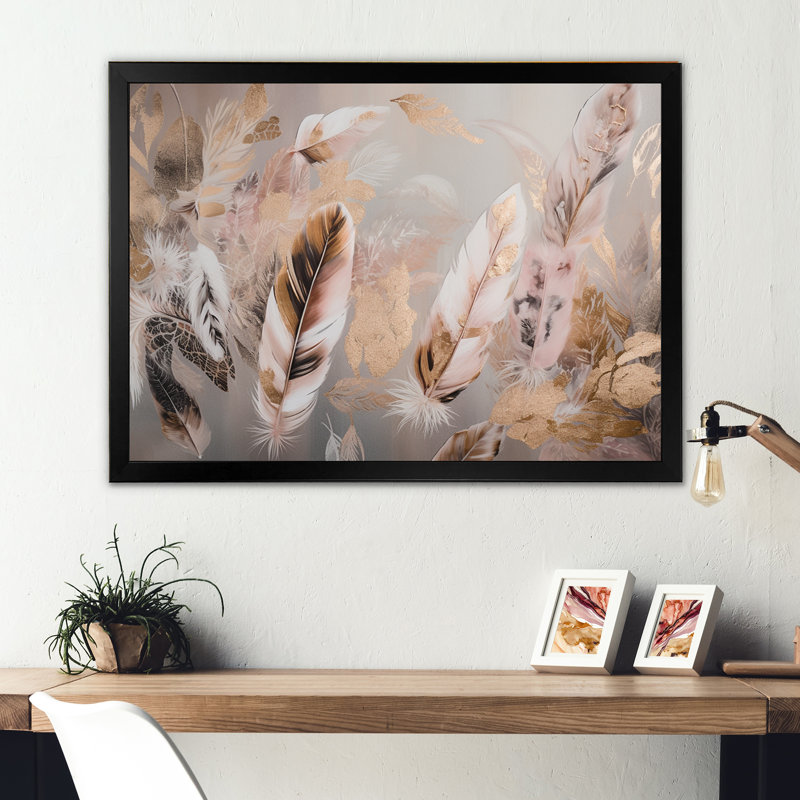 «Rosska Gold Glamour Feathers Of Boho Fantasy I», reproduction sur toile, H 12 po x l 20 po x P 1 po, Cadre photo noir