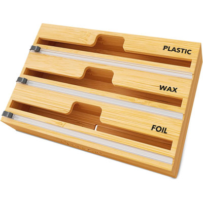 3 In 1 Wrap Organizer With Cutter And Labels, Plastic Wrap, Aluminum Foil And Wax Bamboo