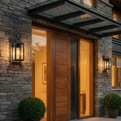 Black Outdoor Wall Lantern With Tempered Glass Shade And Closed Bottom (2-pack)