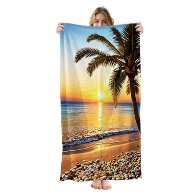  Serviette de plage légère en microfibre, absorbante et sans décoloration, 30 po x 60 po, galet coucher de soleil doré