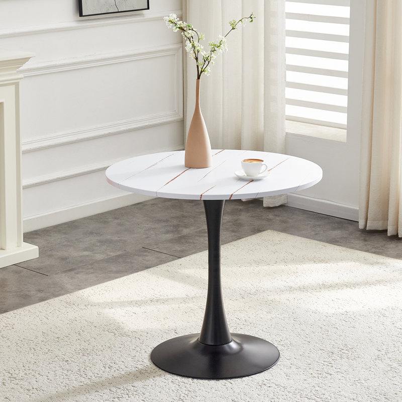 Table tulipe 31,5 "Mid-Century moderne avec base en métal, H 28,3 po x l 31,5 po x P 31,5 po, Blanc, Noir