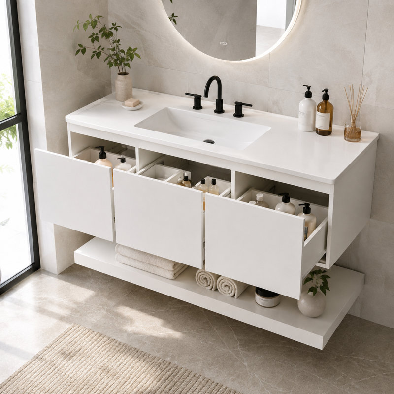 Meuble-lavabo double mural de 122 cm (48 po) avec comptoir en composite, 3 tiroirs et tablette inférieure ouverte, meuble-lavabo suspendu sans poignées en MDF, blanc