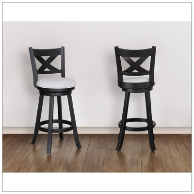 2Pc Swivel Pub Stools Counter Height 24" Chair Fabric Upholstered Seat Footrest Wooden Dining Room Furniture Black/Dove
