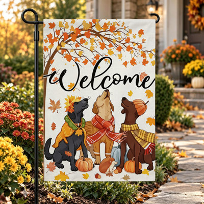 Drapeau de jardin « Bienvenue en automne », double face, 30 x 45 cm, couleur crème et marron, chiens bienvenus