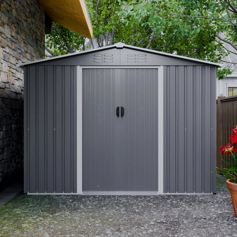 Remise de rangement pour outils 8 x 6 pi avec fondation en métal et portes verrouillables, remise en métal toutes saisons