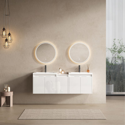 Meuble-lavabo de 60 po avec lavabo en résine, portes à fermeture douce et armoire à 1 côté, montage flottant, blanc brillant, contreplaqué (emballage KD) - 24 po x 2 + 12 po