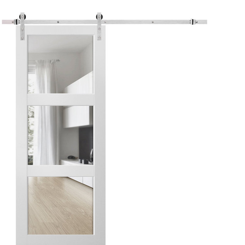 Porte de grange blanche en verre transparent Lucia avec trousse de quincaillerie d'installation, 32 po x 80 po