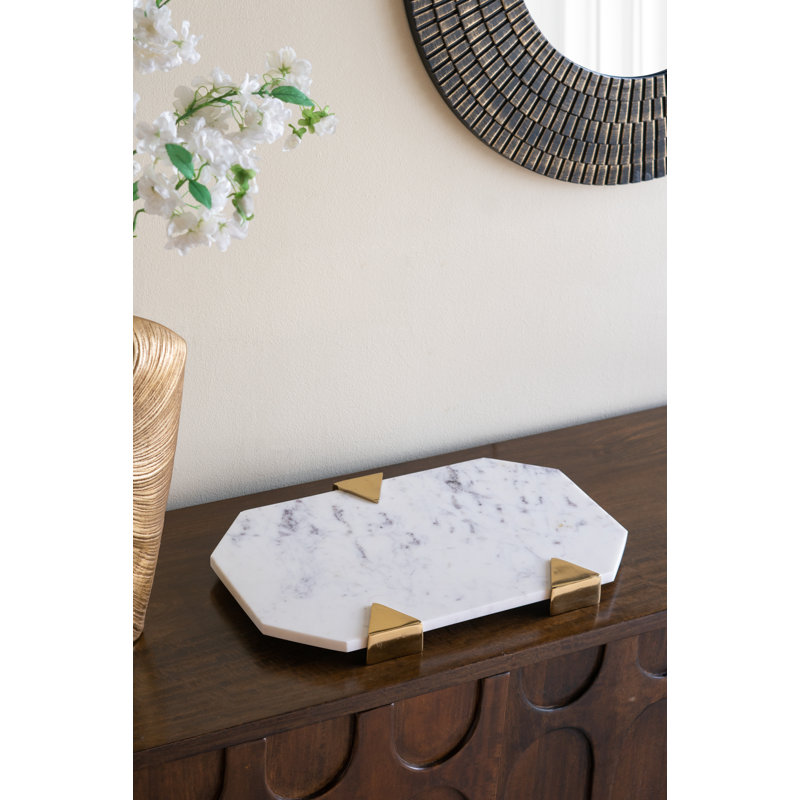 20X12x2" Geometric White Marble Tray With Gold Metal Accents