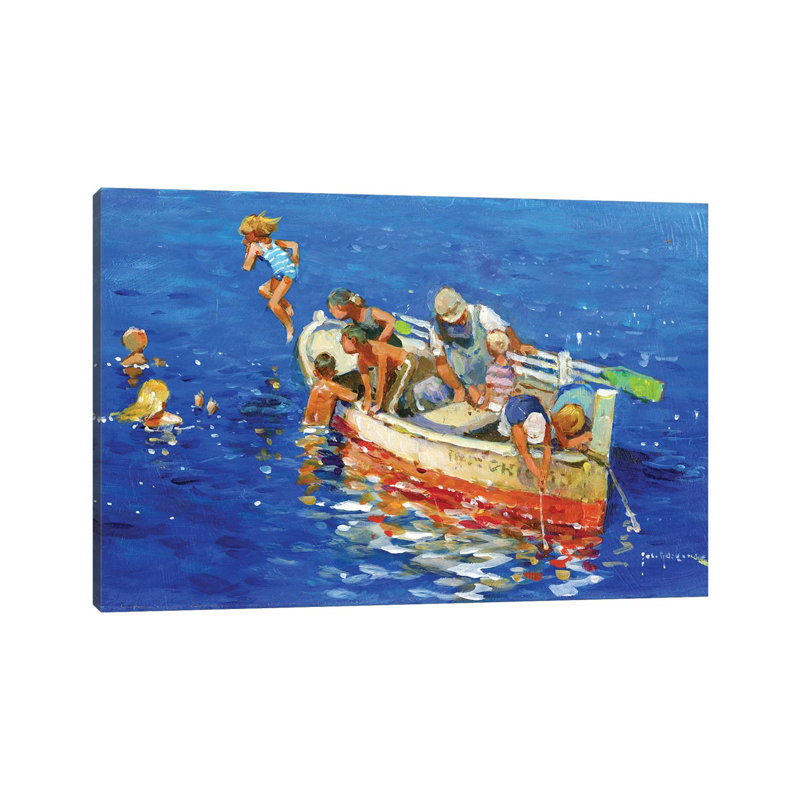 «Natation au large du petit bateau» par John Haskins, reproduction d'art sur toile tendue, H 18 po x l 26 po x P 1,5 po