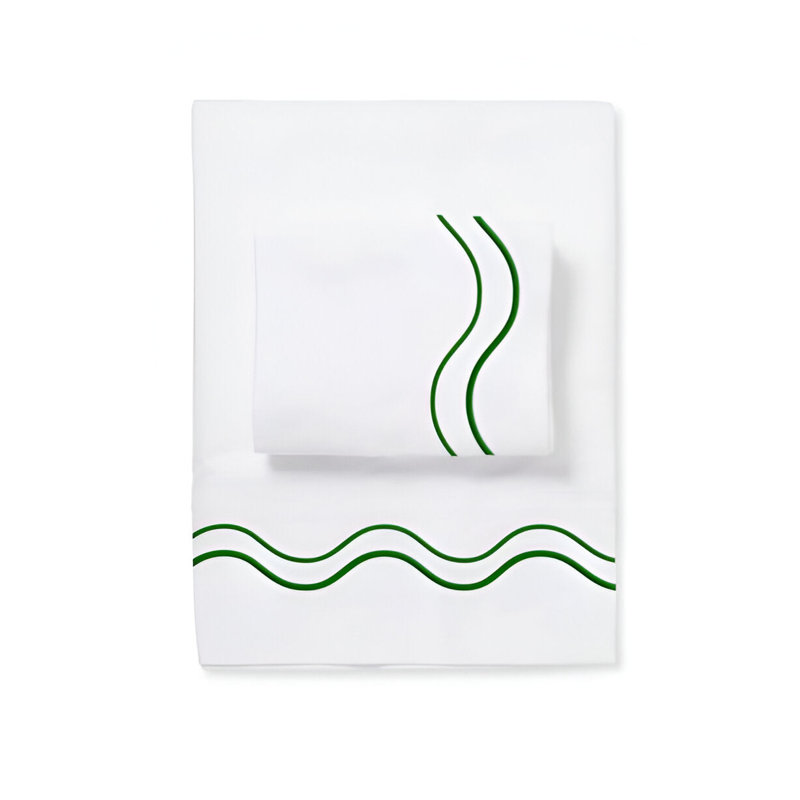 Double Wavy Embroidered Cotton 4 Piece Sheet Set Fitted Sheet Fits Upto 16" Deep Pocket, Green Border