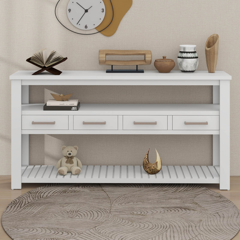 Grande console de 62,2 pouces avec 4 tiroirs, tablettes ouvertes à 3 niveaux, poignées en métal et pieds réglables, Blanc