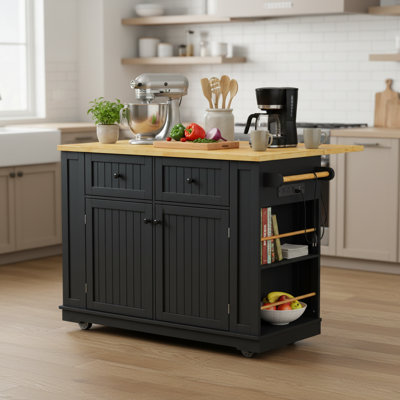 Black Rolling Kitchen Island Trolley With 5 Wheels For Flexible Movement, Folding Table, Built-In Socket, Storage Shelves, And 5 Open Side Shelves.