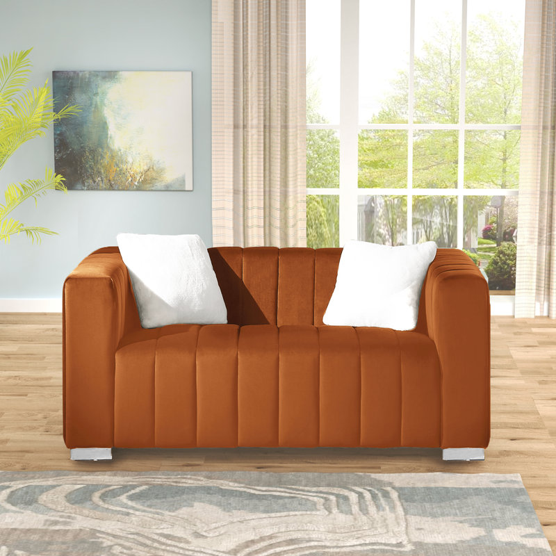 Causeuse en velours à accoudoirs carrés 62,6 po Clifford, H 27,56 po x l 62,6 po x P 33,86 po, Brun, Argent argent
