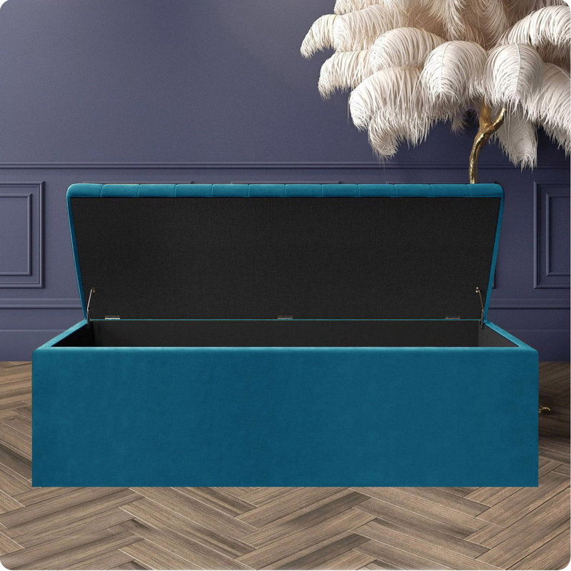 Safar Wide Velvet Rectangle Solid Color Standard Ottoman Box with Storage, Emerald Green Plush Velvet, 150 cm
