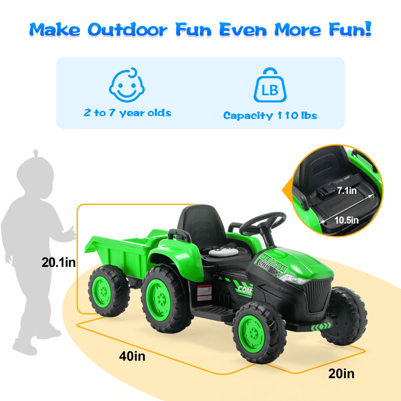 Green 12V Kids Ride-On Tractor with Remote Control and Trailer