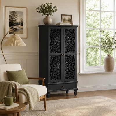 Armoire de rangement rustique de 55 po de hauteur avec tiroir, armoire décorative à 2 portes en bois sculpté avec pieds en bois massif pour le salon, le couloir, la salle à manger, noir