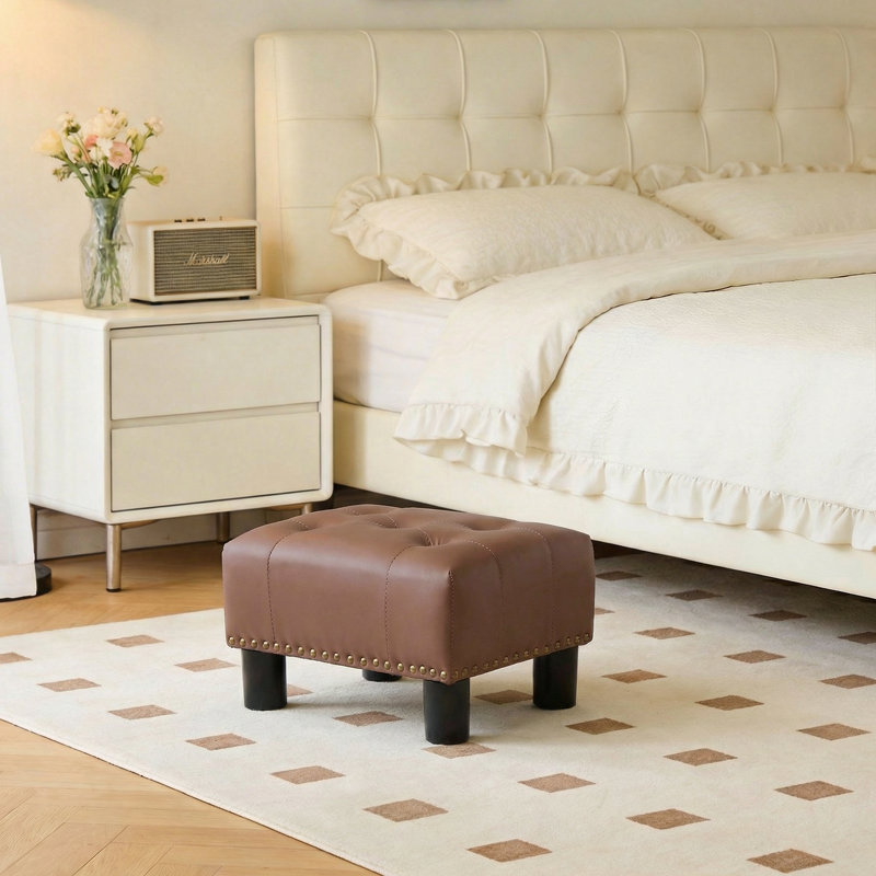 Upholstered Foot Stool Ottoman, PU Leather Tufted Footstool Footrest With Padded Seat For Living Room Bedroom, Brown