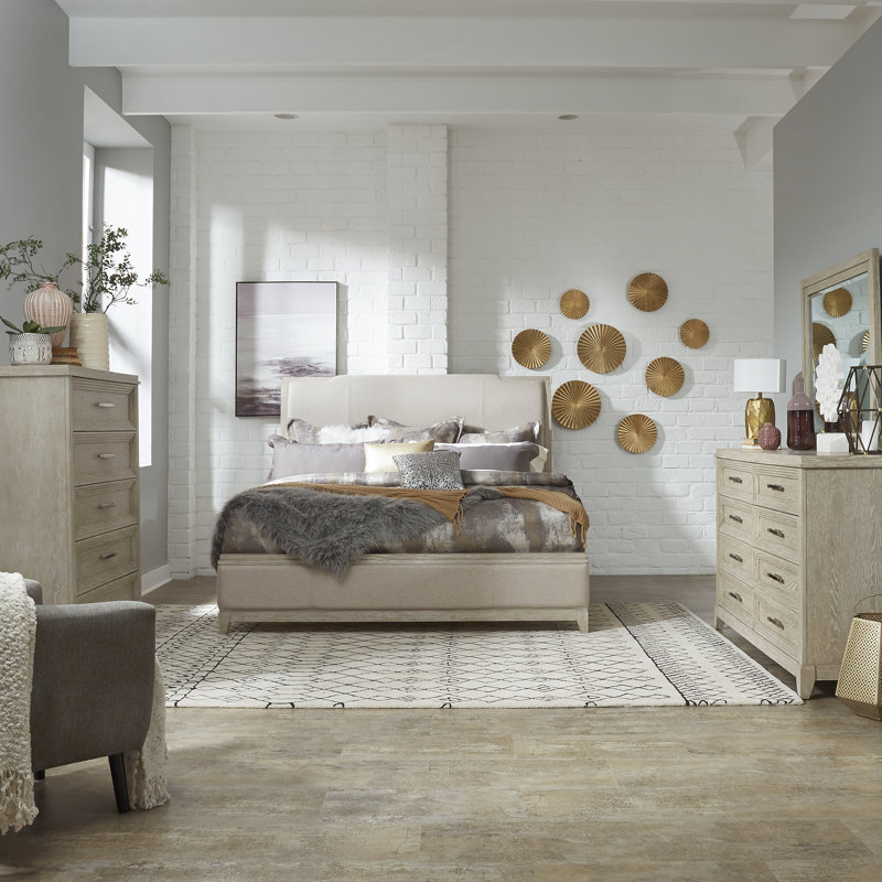 Ensemble de chambre à coucher avec lit tapissier, commode et miroir Belmar, Grand