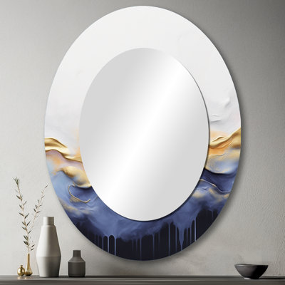 Abstrait bleu et jaune cascade de marbre jaune I - miroir mural ovale moderne