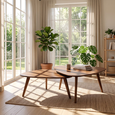 35.8" W x 32.3" D x 17.7" H Solid Walnut Wood Triangular 2-Piece Nesting Coffee Table Set