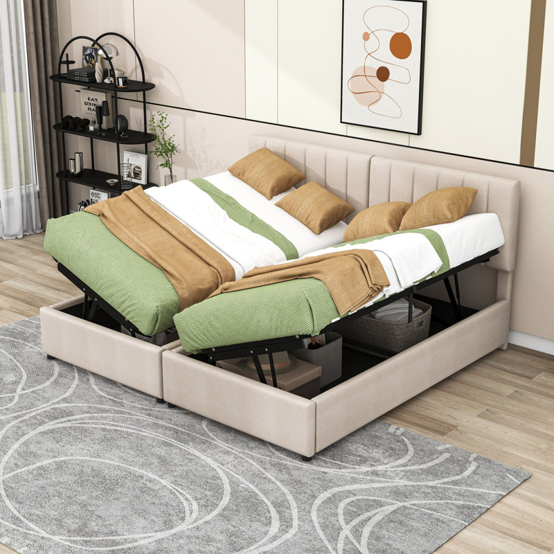 Très grand lit de rangement hydraulique avec tête de lit à rayures verticales et rangement spacieux sous le lit, Beige