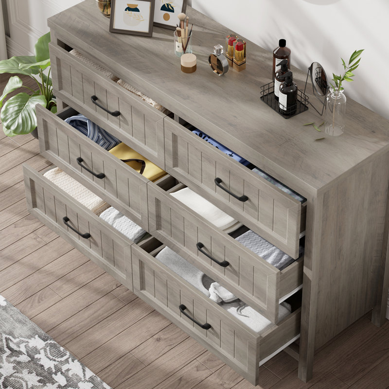 Commode 6 tiroirs à grain de bois avec dessus imperméable - Commode robuste pour chambre à coucher / salon